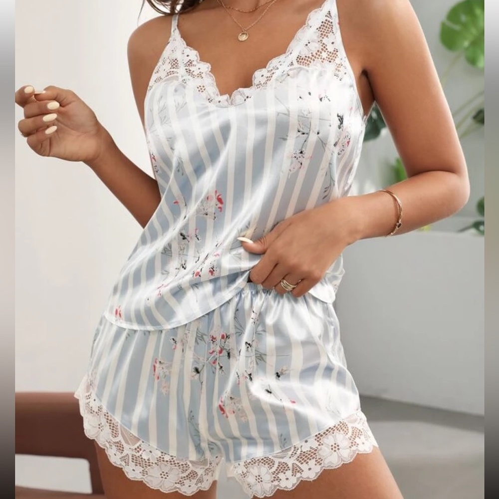 Shein Medium Stripes and Floral Satin Pajama Set
